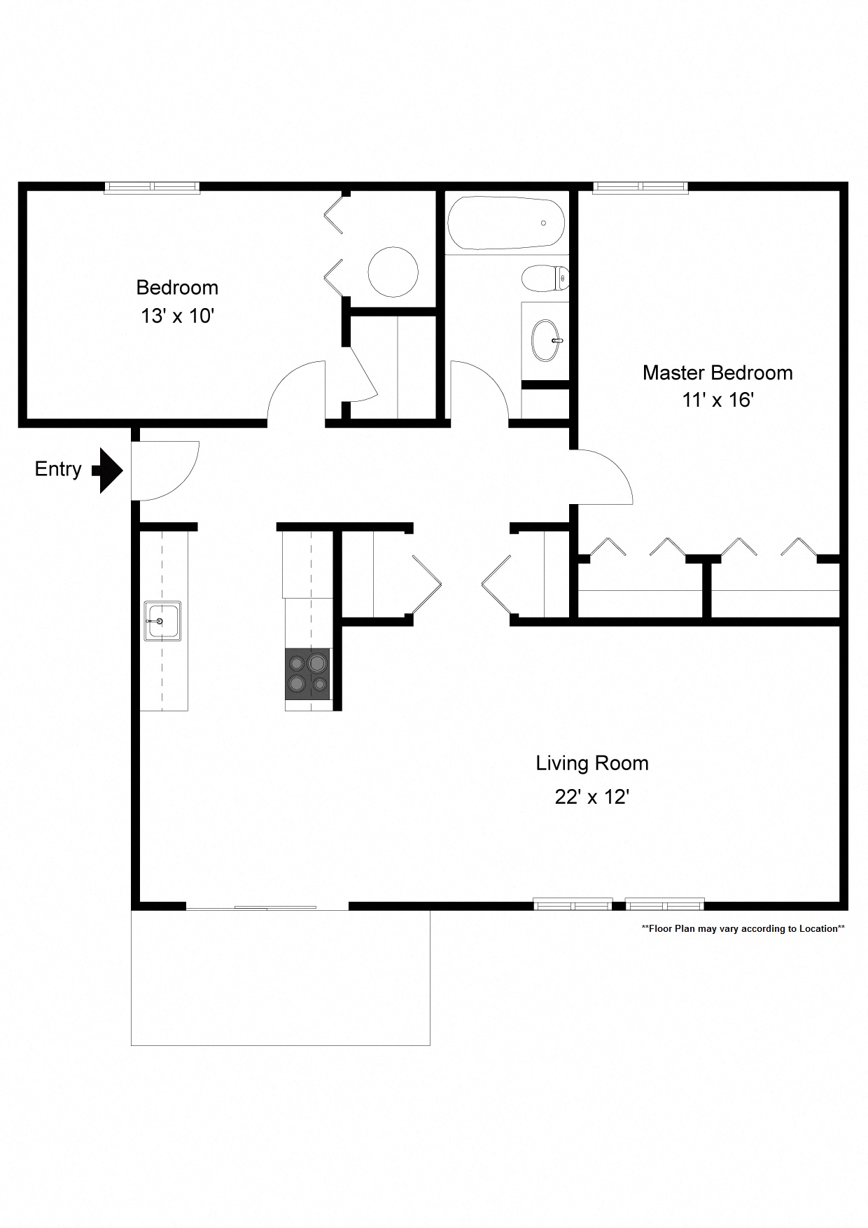 Floor plan for 2 beds, 1 bath, 830 sqft